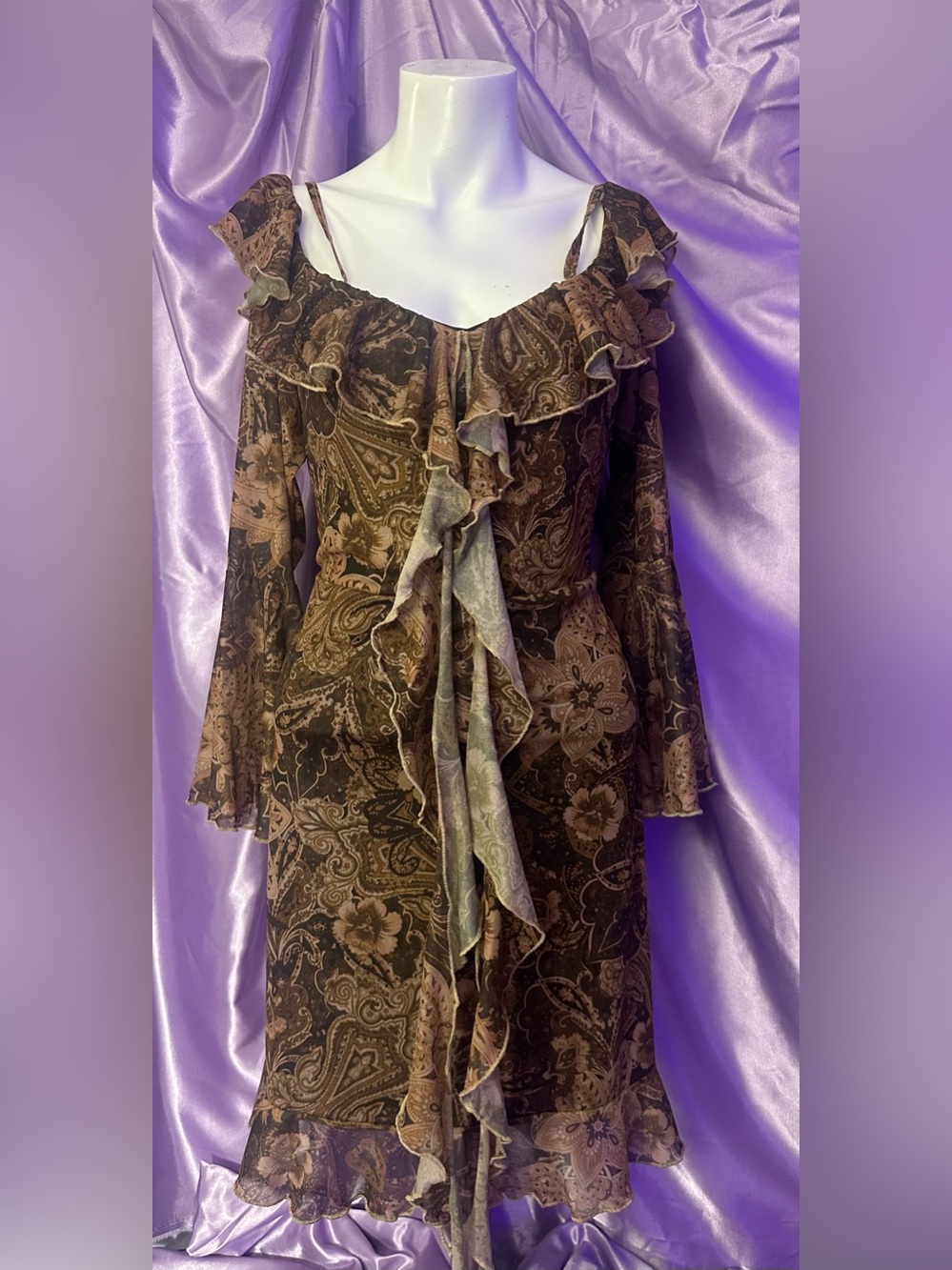 Y2K Whimsigoth Paisley Fairycore Dress XL Mesh Bell Sleeve⁠